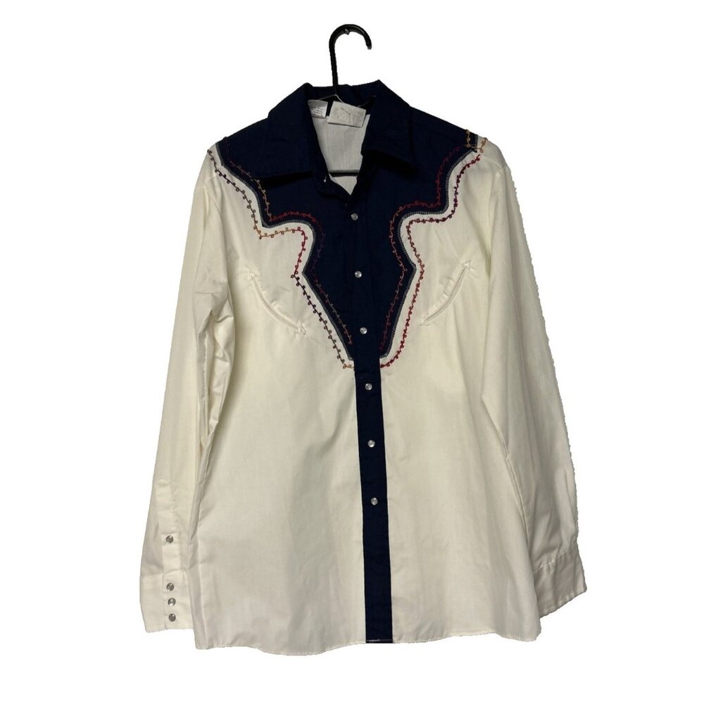 Vtg Rocking K Ranchwear By Kennington Men’s Western Snap Up Shirt White Blue